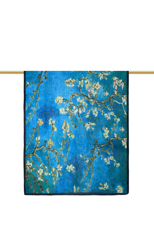 Blue Patterned Voile Silk Imported Scarf - Thumbnail