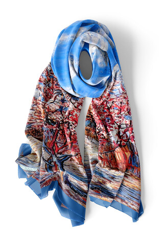 Blue Peach Tree Pattern Silk Foulard - Thumbnail