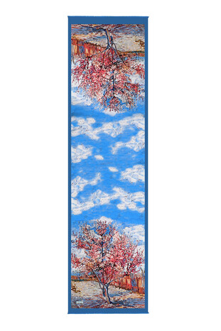 Blue Peach Tree Pattern Silk Foulard - Thumbnail