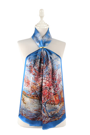 Blue Peach Tree Pattern Silk Foulard - Thumbnail