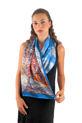 Blue Peach Tree Pattern Silk Foulard - Thumbnail