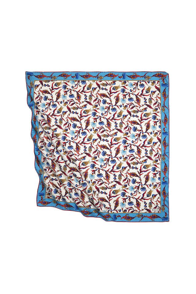 Blue Red Turkish Pattern Carnation Tulip Pattern Silky Square Scarf 