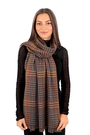 Brown Blue Plaid Pattern Winter Shawl - Thumbnail