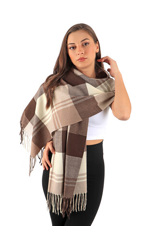 Brown Cream Patterned Winter Shawl - Thumbnail