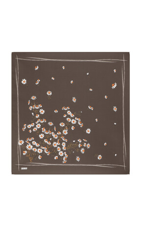 Brown Daisy Pattern Twill Silk Square Scarf - Thumbnail