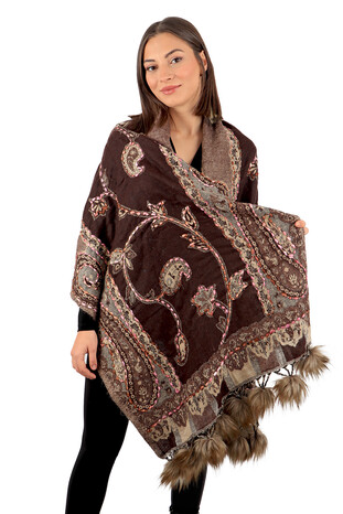 Brown Embroidered Pompom Winter Shawl - Thumbnail