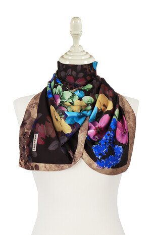 Brown Floral Silky Foulard - Thumbnail