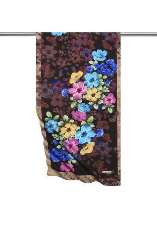 Brown Floral Silky Foulard - Thumbnail