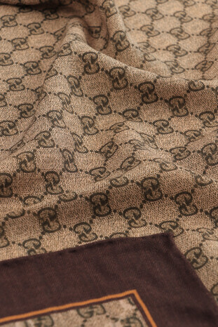 Brown G Pattern Wool Silk Scarf - Thumbnail