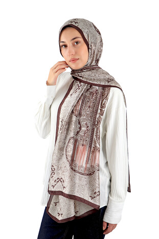 Brown Patterned Silk Look Scarf - Thumbnail