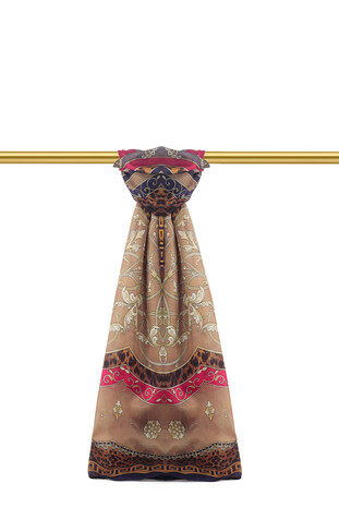 Brown Patterned Voile Silk Imported Scarf - Thumbnail