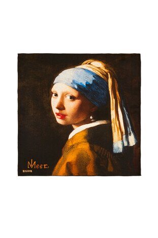 Brown Pearl Earring Girl Pattern Silk Pocket Square - Thumbnail