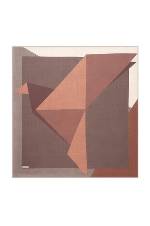 Brown Salmon Geometric Pattern Twill Silk Square Scarf - Thumbnail