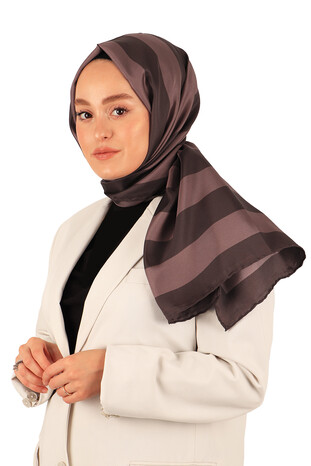 Brown Stripe Pattern Twill Silk Scarf - Thumbnail