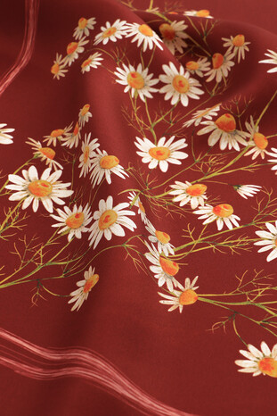 Burgundy Daisy Pattern Twill Silk Square Scarf - Thumbnail