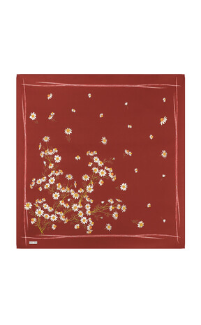 Burgundy Daisy Pattern Twill Silk Square Scarf - Thumbnail