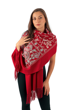 Burgundy Embroidered Winter Shawl - Thumbnail