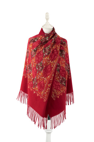 Burgundy Embroidered Winter Shawl - Thumbnail