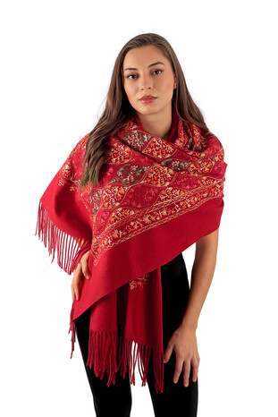 Burgundy Embroidered Winter Shawl - Thumbnail