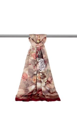 Burgundy Floral Pattern Silky Scarf - Thumbnail