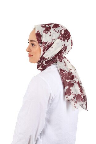 Burgundy Flower Crepe Scarf - Thumbnail