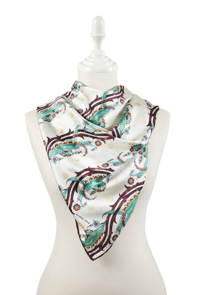 Burgundy Green Turkish Pattern Ivy Pattern Silky Square Scarf - 2