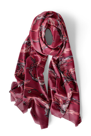 Burgundy Leaf Pattern Silk Foulard - Thumbnail