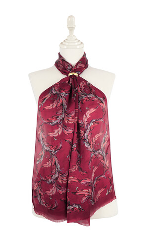 Burgundy Leaf Pattern Silk Foulard - Thumbnail