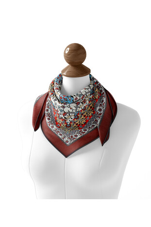 Burgundy Tile Tulip Pattern Soft Square Scarf - Thumbnail