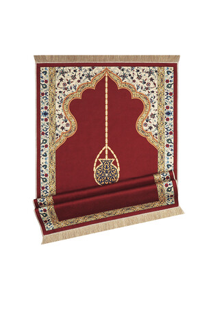 Burgundy Velvet Carpet Prayer Rug - Thumbnail