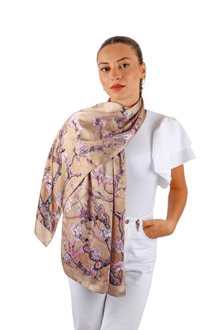 Camel Almond Blossom Silky Foulard - Thumbnail