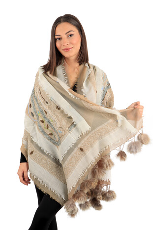 Camel Three Layer Washed Wool Pompom Shawl - Thumbnail