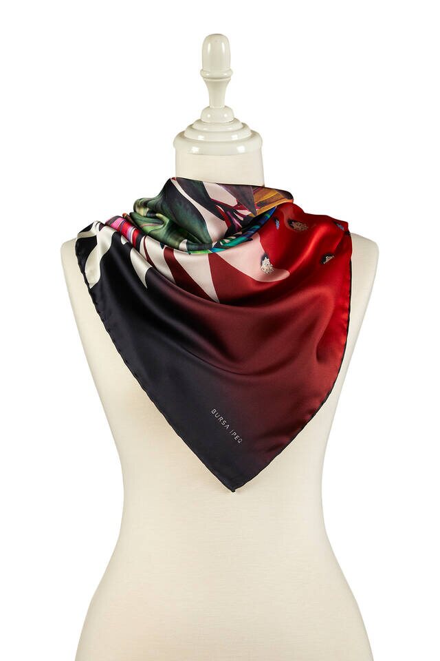 Claret Red Diamond Pattern Silky Square Scarf - 2