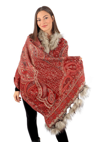 Claret Red Embroidered Fur Pompom Winter Shawl - Thumbnail