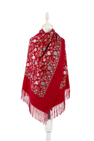 Claret Red Embroidered Winter Shawl - Thumbnail