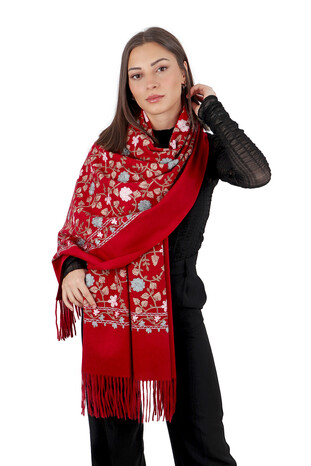 Claret Red Embroidered Winter Shawl - Thumbnail