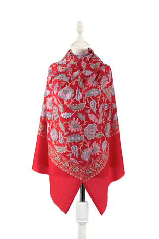 Claret Red Fully Embroidered Suzani Wool Shawl - Thumbnail