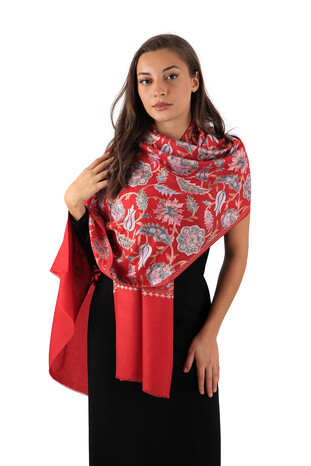 Claret Red Fully Embroidered Suzani Wool Shawl - Thumbnail