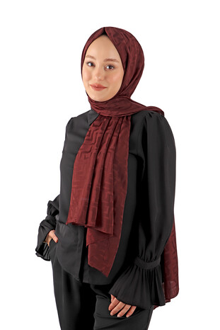 Claret Red Labyrinth Pattern Jacquard Scarf - Thumbnail