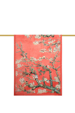 Coral Almond Blossom Pattern Voile Silk Scarf - Thumbnail