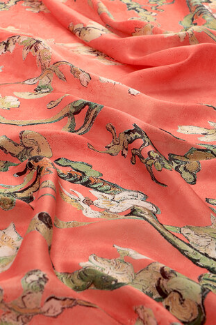 Coral Almond Blossom Pattern Voile Silk Scarf - Thumbnail