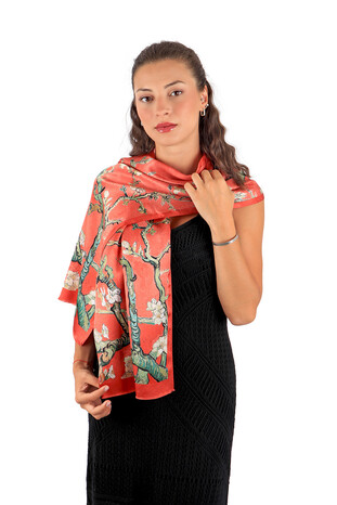 Coral Almond Blossom Silk Foulard - Thumbnail