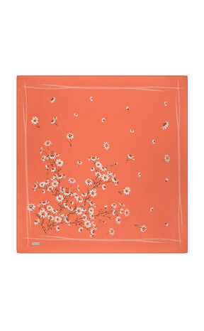 Coral Daisy Pattern Twill Silk Square Scarf - Thumbnail