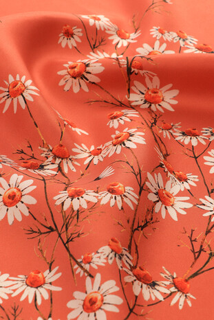 Coral Daisy Pattern Twill Silk Square Scarf - Thumbnail