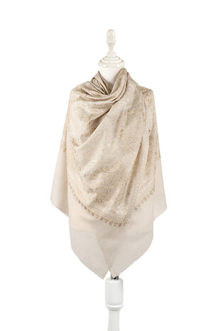 Cream Beige Embroidered Suzani Wool Shawl - Thumbnail