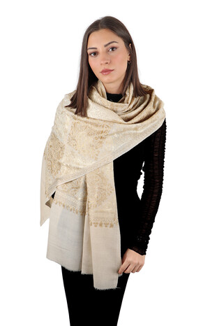 Cream Beige Embroidered Suzani Wool Shawl - Thumbnail