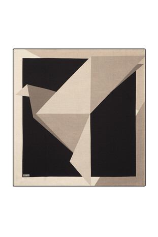 Cream Black Geometric Pattern Twill Silk Square Scarf - Thumbnail