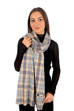 Cream Blue Plaid Pattern Winter Shawl - Thumbnail