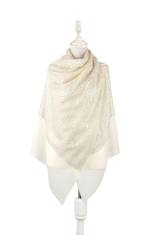 Cream Ecru Suzani Embroidered Wool Silk Shawl - Thumbnail