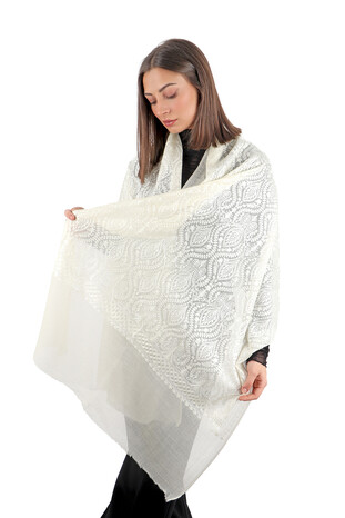 Cream Ecru Suzani Embroidered Wool Silk Shawl - Thumbnail